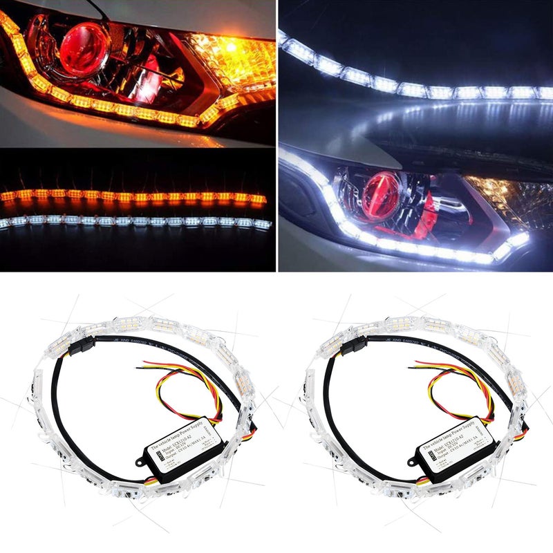 GrandviewTM 2pcs Flexible Car Led Strip, Crystal DRL Led Lights Daytime Running Light Flowing Turn Signal Light Headlight White/Amber Fog Lamp 12V - Image 1